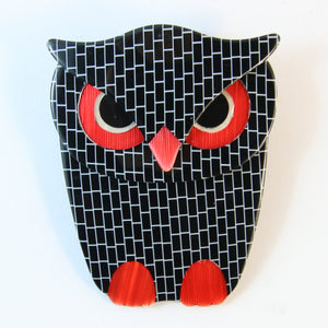 Lea Stein Signed Buba Owl Brooch Pin - Black Tiled Design