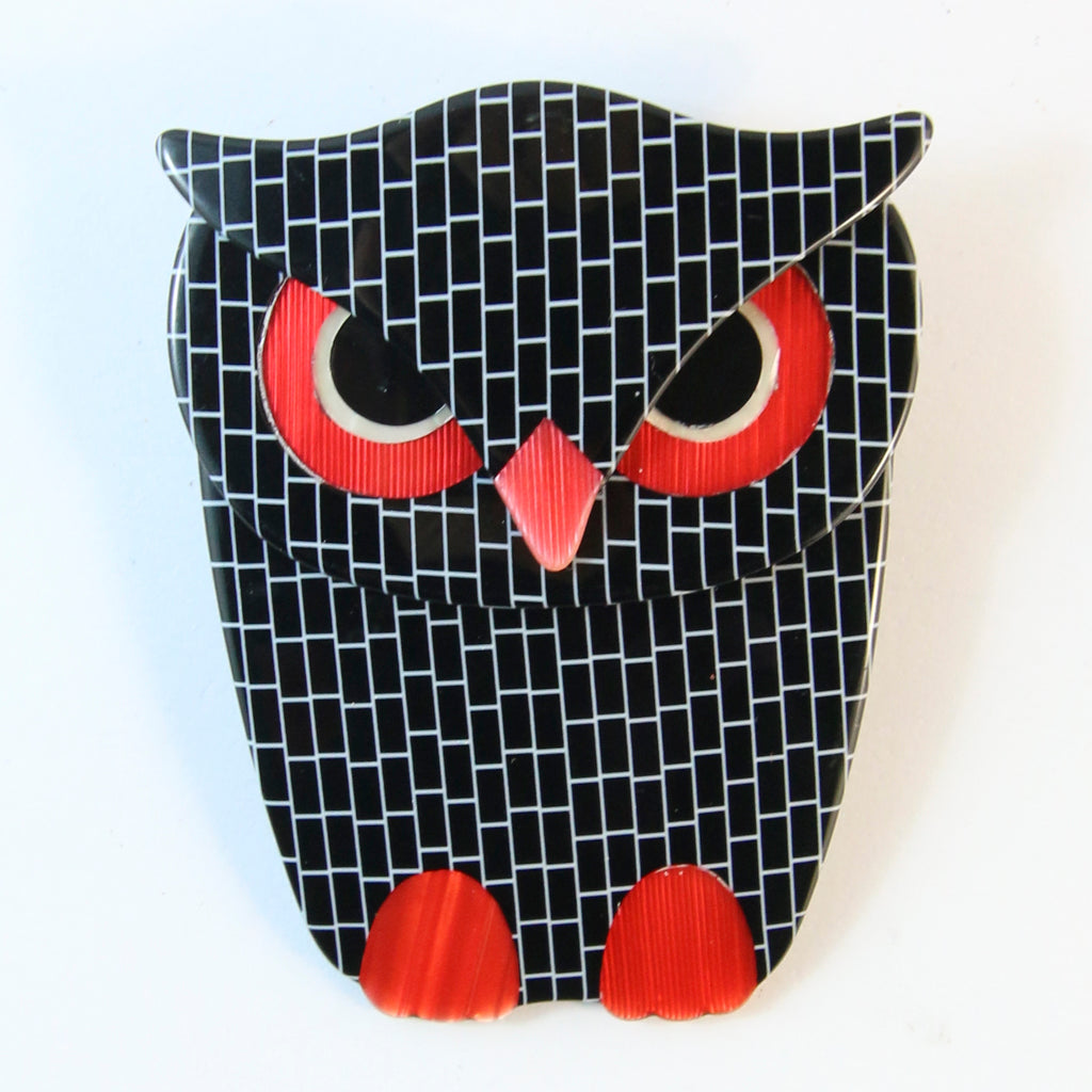 Lea Stein Signed Buba Owl Brooch Pin - Black Tiled Design