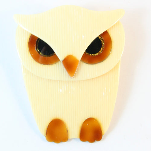 Lea Stein Signed Buba Owl Brooch Pin -  Yellow With Tortoiseshell Eyes & Feet