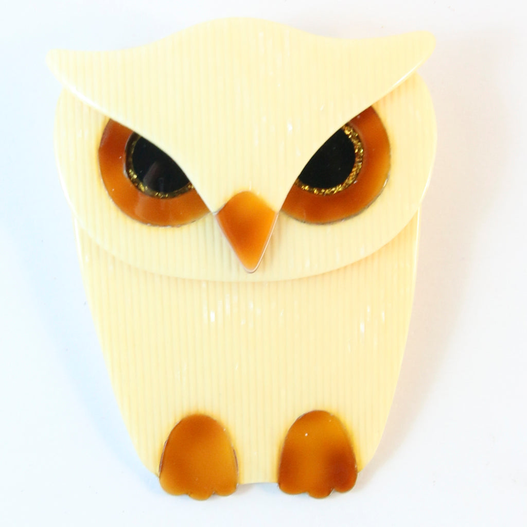 Lea Stein Signed Buba Owl Brooch Pin -  Yellow With Tortoiseshell Eyes & Feet
