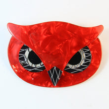 Load image into Gallery viewer, Lea Stein Signed Athena The Owl Head Brooch - Red With Black &amp; White Dotted Lines