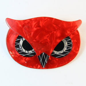 Lea Stein Signed Athena The Owl Head Brooch - Red With Black & White Dotted Lines