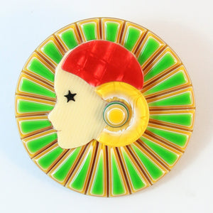 Lea Stein Full Collerette Art Deco Girl Brooch Pin - Green, Yellow & Red