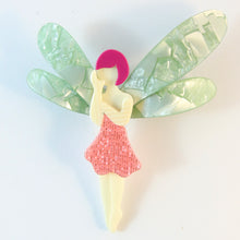 Load image into Gallery viewer, Lea Stein Signed Fairy Brooch - Pink Dress &amp; Hair With Pastel Green Wings