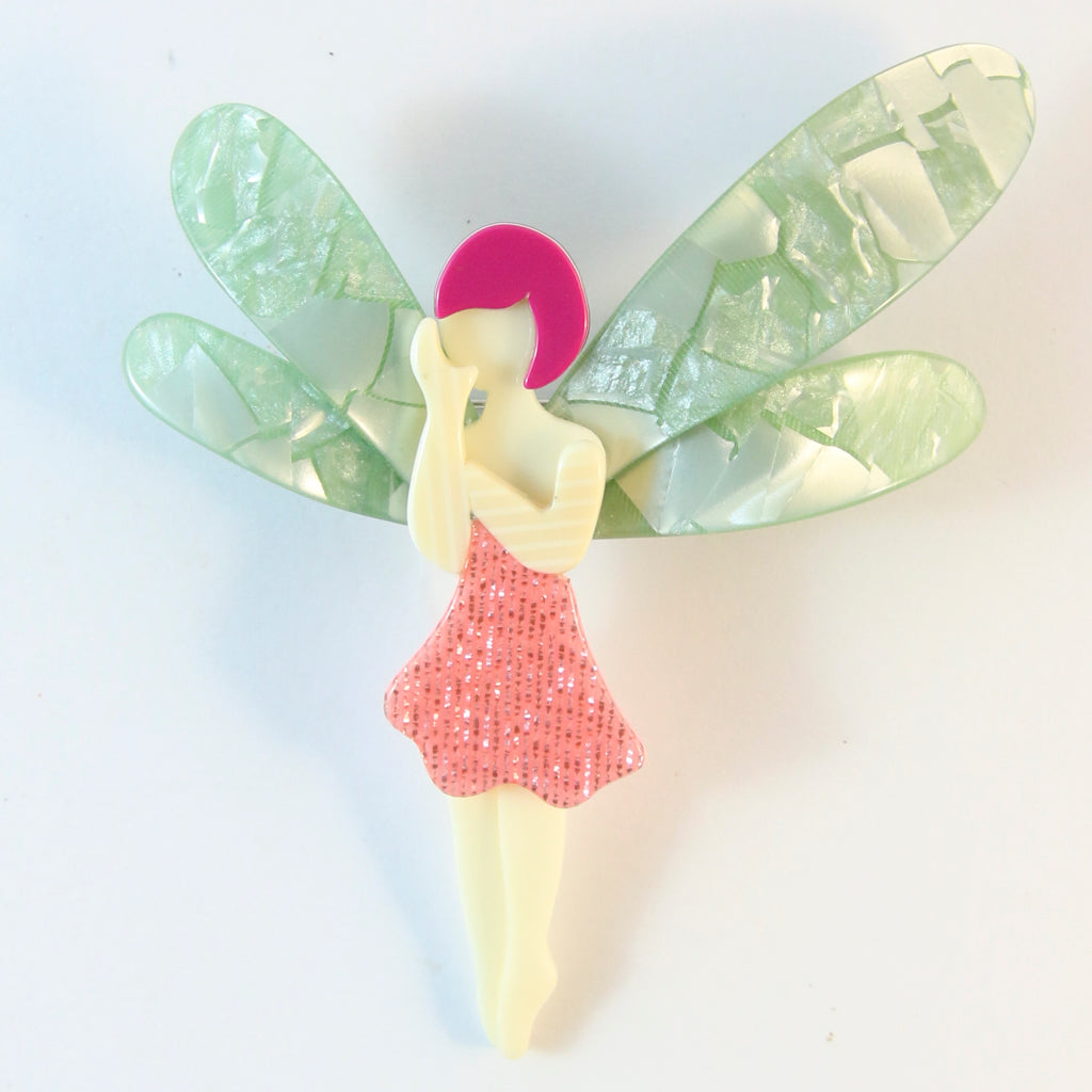 Lea Stein Signed Fairy Brooch - Pink Dress & Hair With Pastel Green Wings