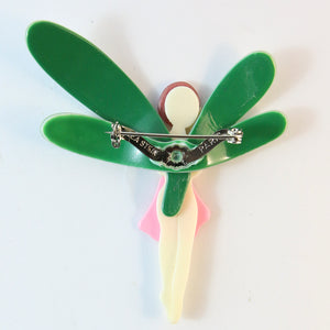 Lea Stein Signed Fairy Brooch - Pink Dress & Hair With Pastel Green Wings