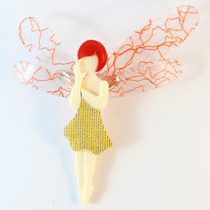 Lea Stein Signed Fairy Brooch - Gold Glitter Dress With Orange Squiggly Wings