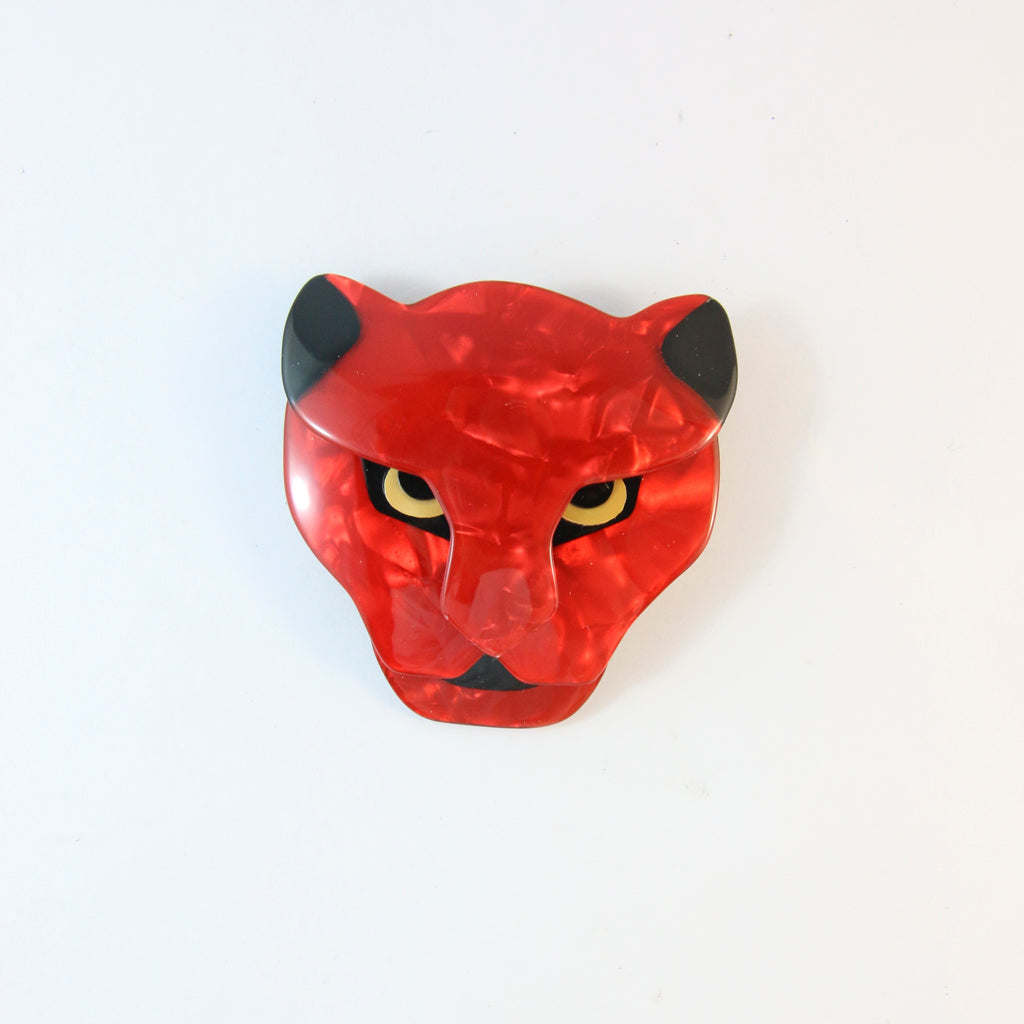 Signed Lea Stein Puma The Jaguar Head Brooch Pin - Red & Black