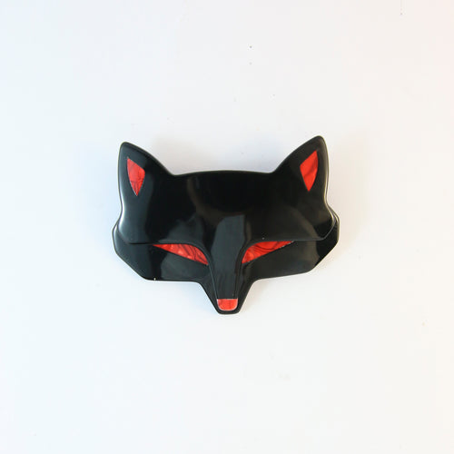 Lea Stein Goupil Fox Head Brooch - Black With Red Eyes & Ears