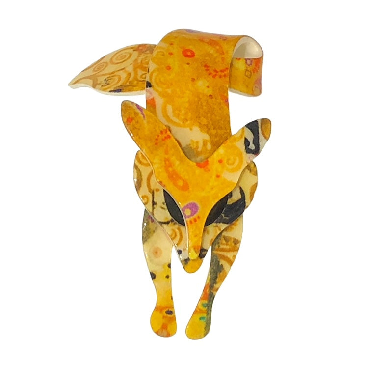 Lea Stein Famous Renard Fox Brooch Pin - Yellow & Multi-Colour Swirl