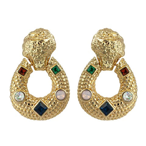 Gold & Multi Colour Stone Door Knocker Earrings (Pierced)