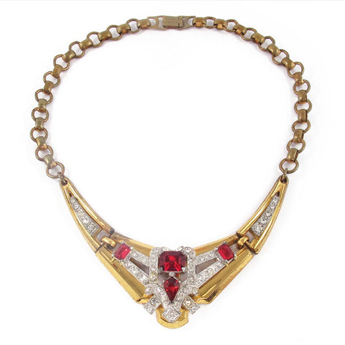 Vintage Signed 'McClelland Barclay' Gold Tone & Red Ruby Accent Rhinestone Necklace c. 1930