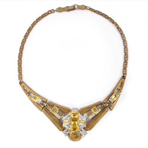 Vintage Signed 'McClelland Barclay' Art Deco Design Faceted Yellow Citrine Accent Rhinestone Necklace c. 1930