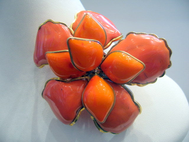 Vintage Chanel Pate-de-verre Orange Camellia Brooch