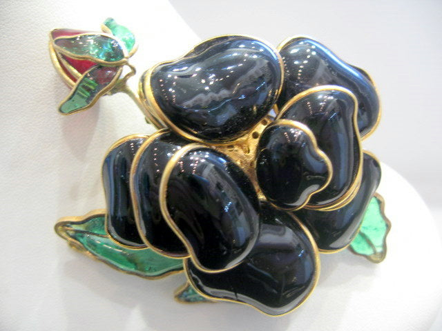 Vintage Chanel Pate-de-verre Black Camellia Brooch
