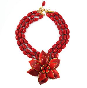 Pate-de-Verre (Hand-poured-glass) Red Flower Necklace