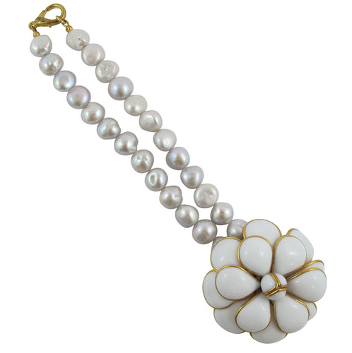 Pate-de-Verre White Camelia & Freshwater Pearl Necklace