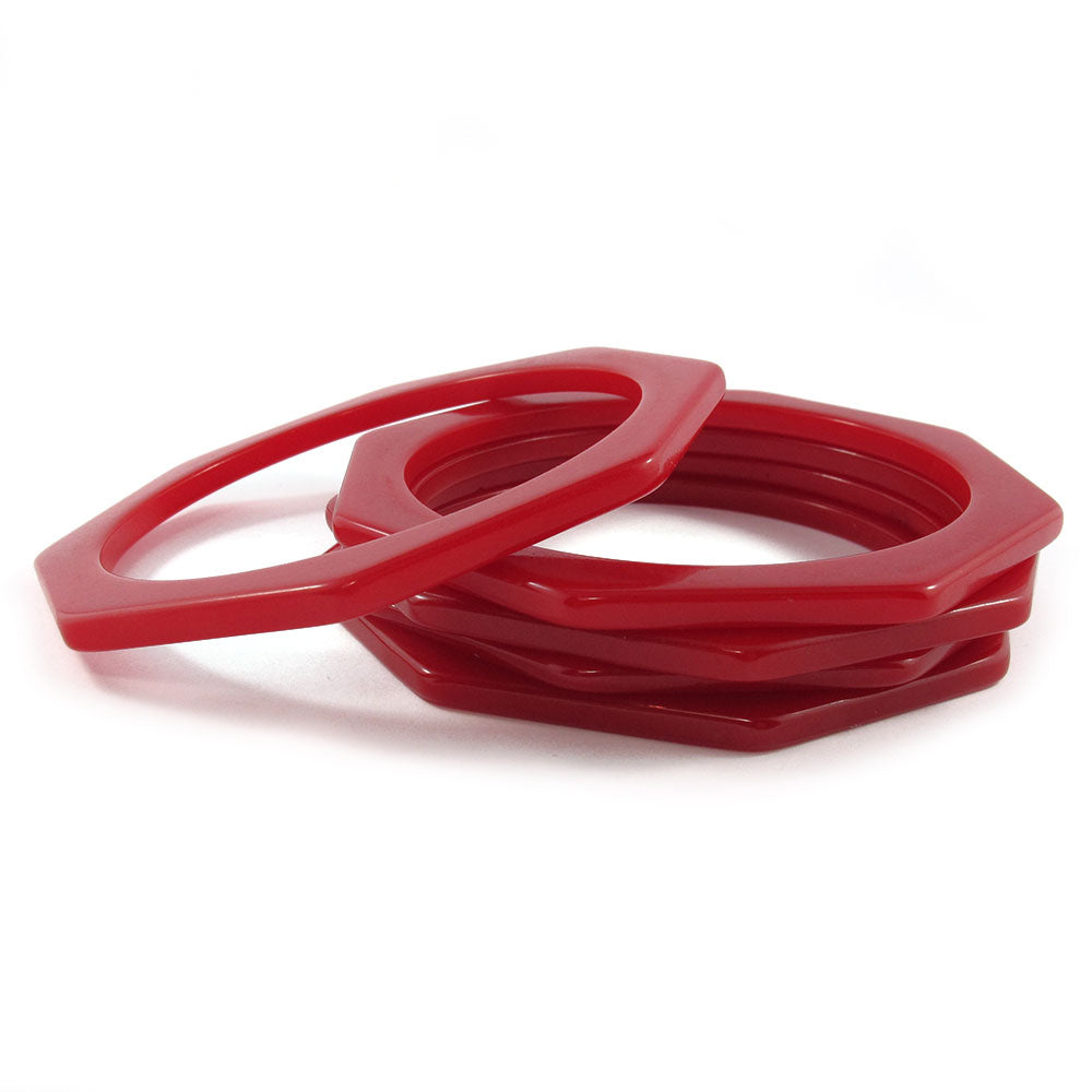 Vintage Bakelite Octagon Spacer Bangles c.1950's - Cherry Red