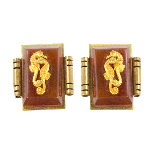 Jean Painleve Vintage Bakelite, Gilded Brass Seahorse Clip On Earrings c. 1930