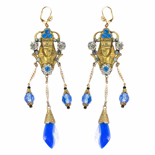 Vintage Egyptian Revival Motif Pendant and Blue Venetian Glass Earrings c. 1940s