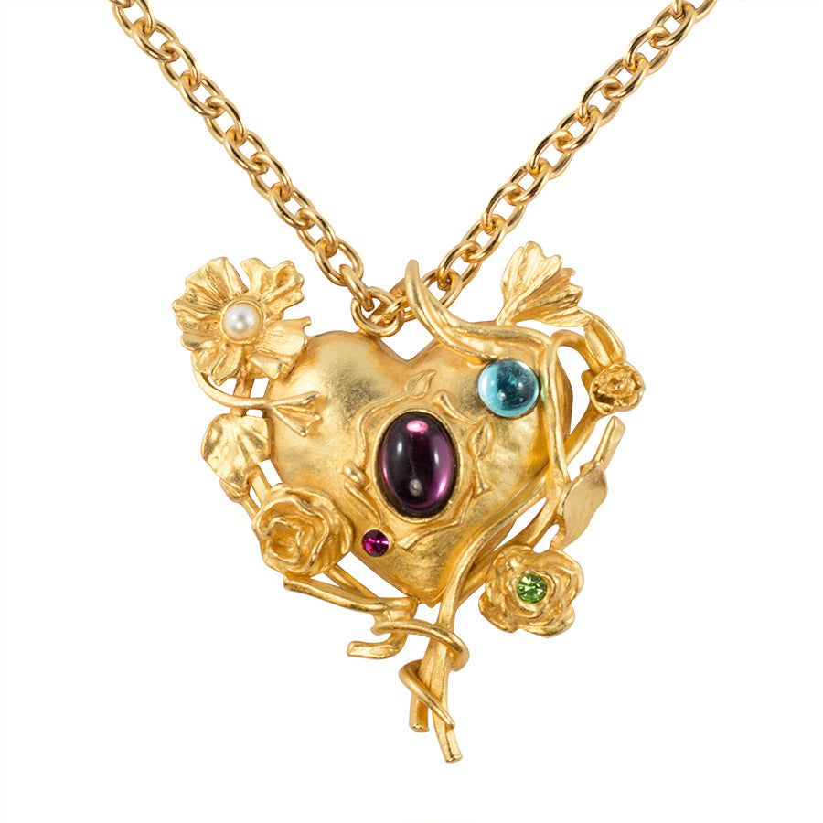 Christian Lacroix Signed Vintage Gold Tone Baroque Heart Mirror Pendant Necklace c. 1980 - Harlequin Market