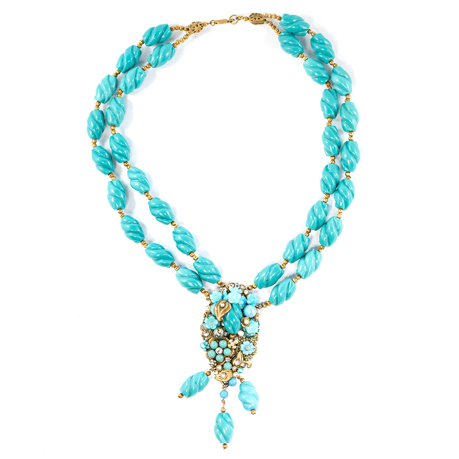 Vintage Miriam Haskell Signed 2-Strand Turquoise Glass Bead Floral Design Necklace c. 1950