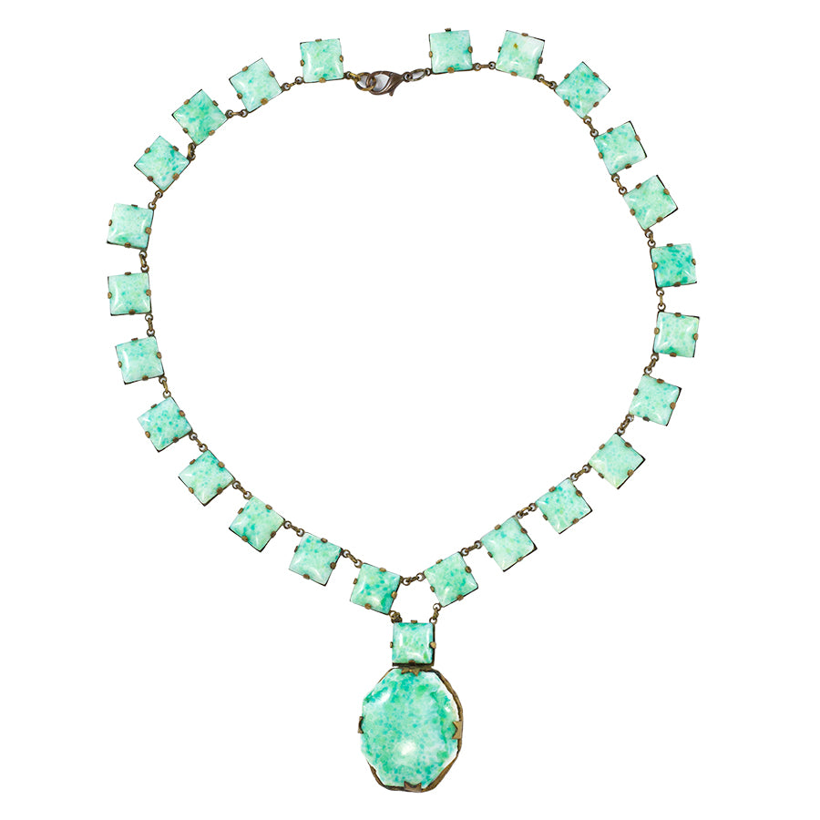 Vintage Unsigned Mottled Mint Green Czech Glass - Brass Necklace c. 1930s