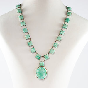 Vintage Unsigned Mottled Mint Green Czech Glass - Brass Necklace c. 1930s