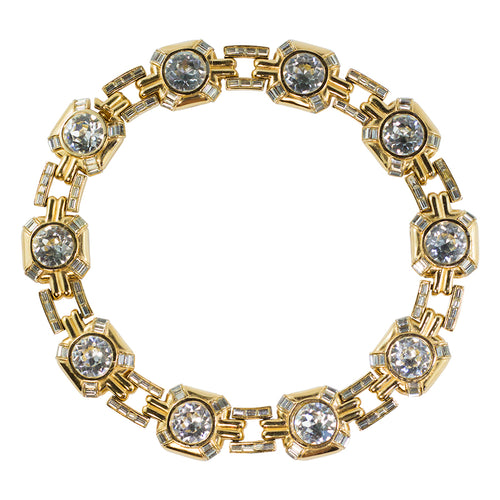 Vintage Ciner NYC Signed Clear Crystal and Gold Tone Chain Collar Necklace c. 1970