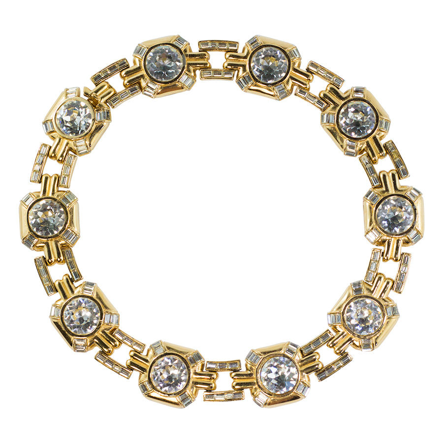 Vintage Ciner NYC Signed Clear Crystal and Gold Tone Chain Collar Necklace c. 1970