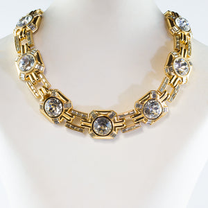 Vintage Ciner NYC Signed Clear Crystal and Gold Tone Chain Collar Necklace c. 1970
