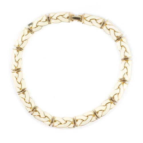 Vintage Unsigned Gold Tone and Creme Coloured Enamel Necklace c. 1970