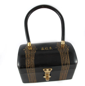 Vintage Italian Bon Bag - Gold Florentine Pattern on Black Leather