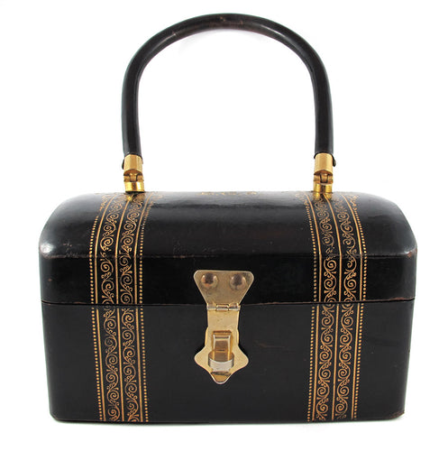 Vintage Italian Bon Bag - Gold Florentine Pattern on Black Leather