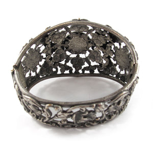 USA Vintage Floral Filigree Silver Tone Hinged Cuff with Cabochons