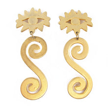Load image into Gallery viewer, Vintage brushed matte finish gold tone eye and swirl earrings