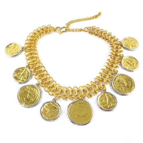 Kenneth Jay Lane Loop Goldtone Choker Necklace with Vintage Look Coin Pendants