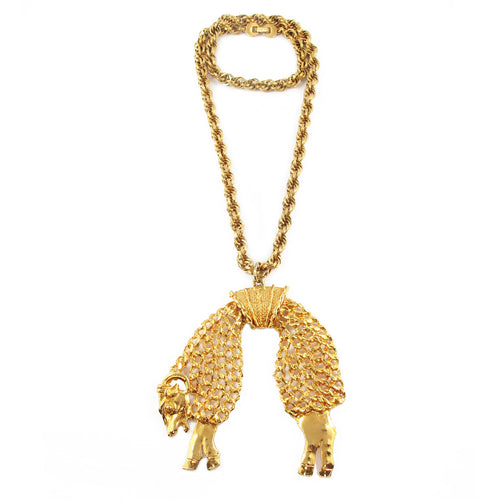 Exquisite Rare Retro Style Signed MONET Gold-tone Ram Pendant Necklace c. 1950