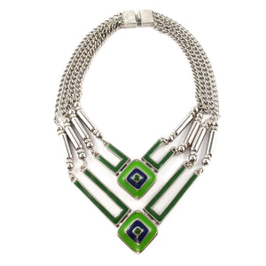 Vintage Signed Castlecliff Mod Geometric Blue & Green Enamel Bib Style Necklace in Silver Tone c. 1960's