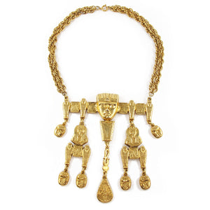 Vintage Signed Pauline Rader Egyptian Revival Runway Couture Gold Tone Necklace c. 1970