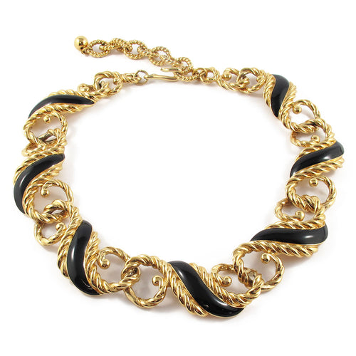 Vintage Signed Vintage Black Enamel & Gold Plated Trifari Necklace c. 1950's