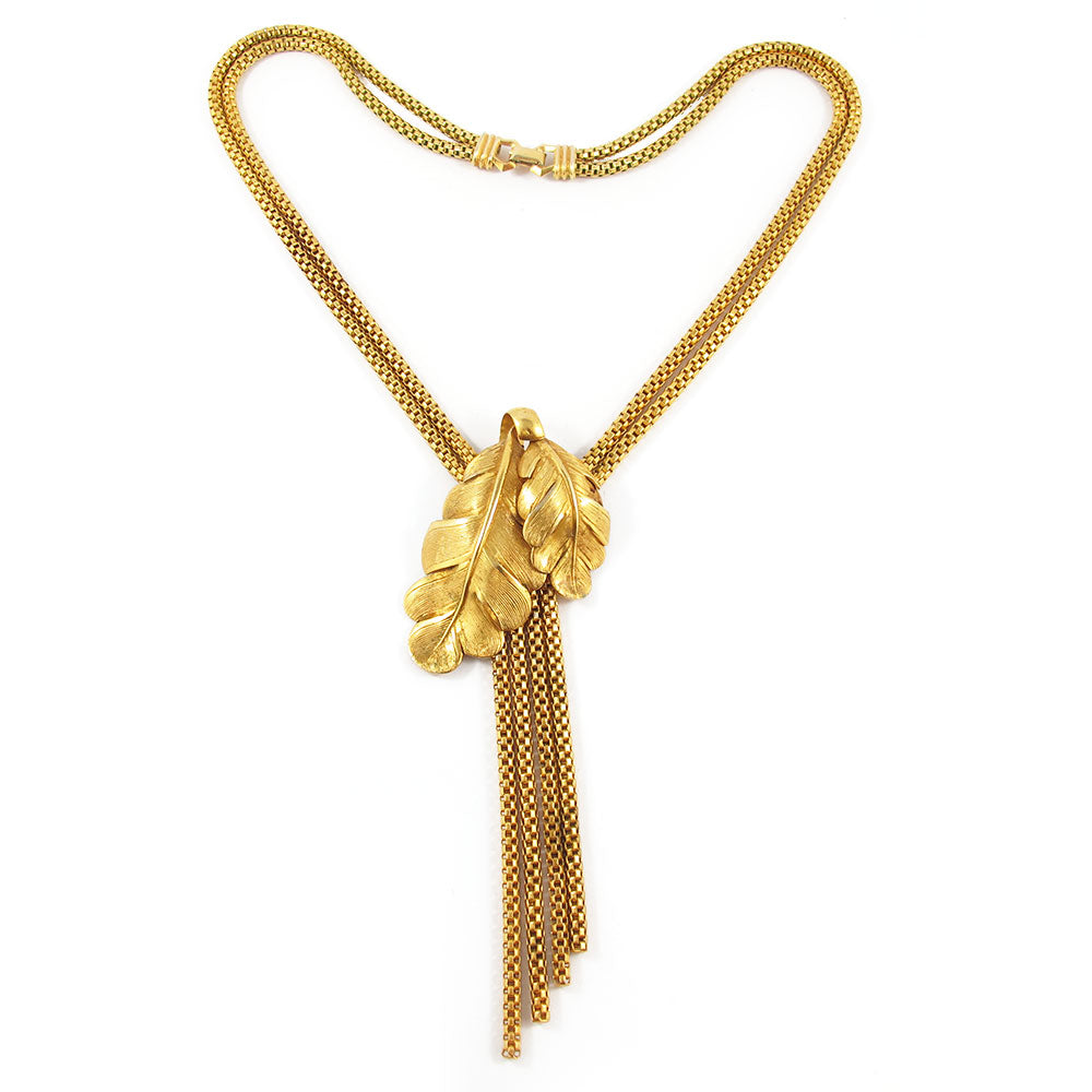 Vintage gold plated tassel + leaf necklace c. 1950's