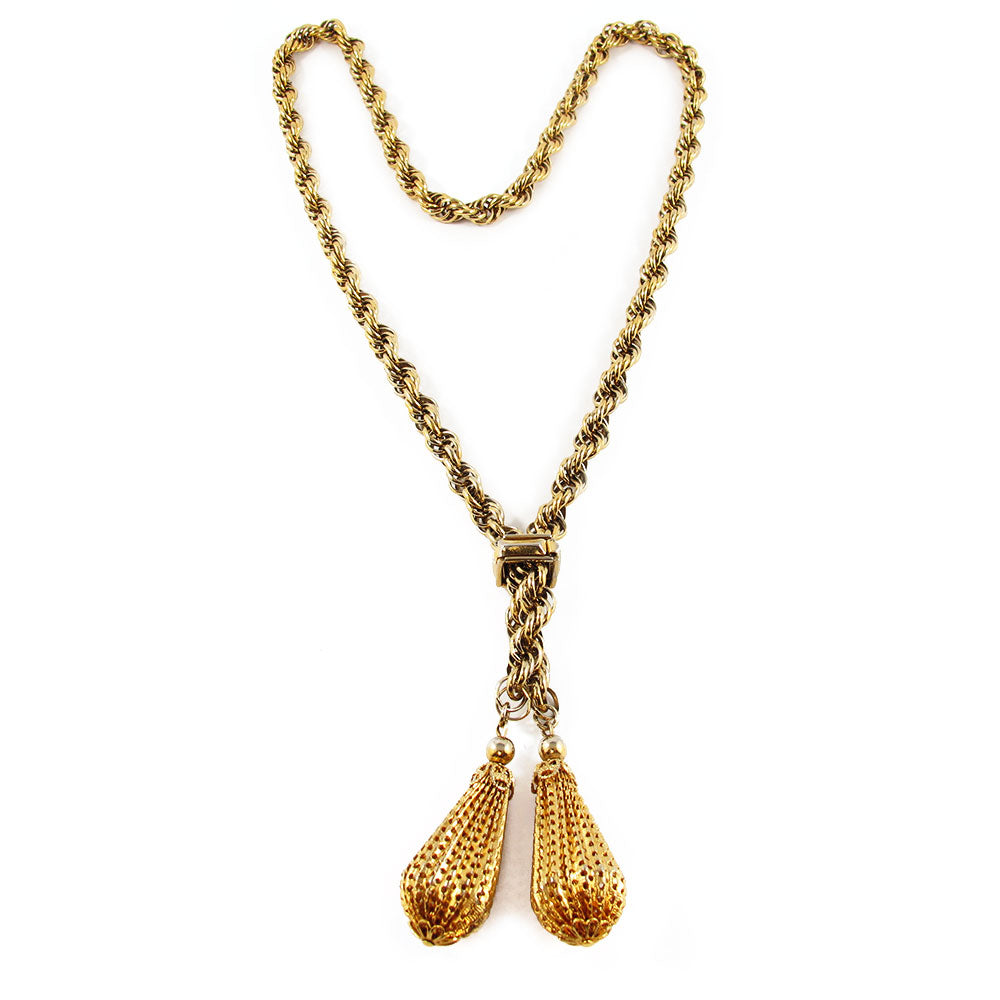 Vintage gold plated double filigree tassel necklace c. 1970's