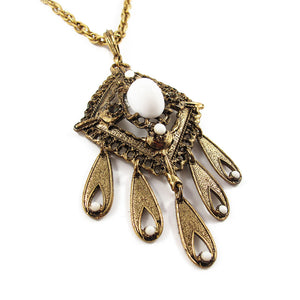 Antique Brushed Gold Plated Pendant With White Glass Beads c. 1970's - Harlequin Market
