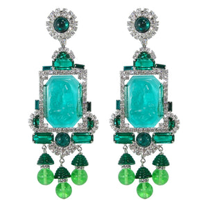 Lawrence VRBA Signed Large Statement Crystal Princess Earrings - Green, Clear (clip-on)