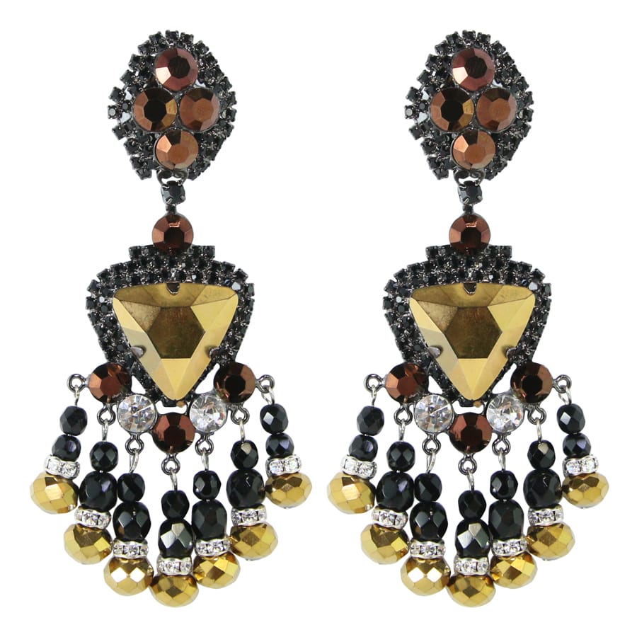 Lawrence VRBA Signed Large Statement Crystal Earrings - Black, Gold (clip-on)