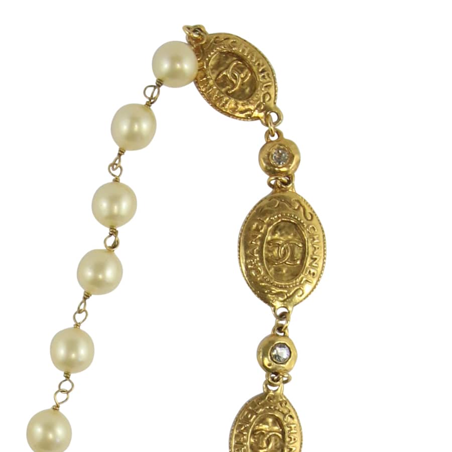 Chanel Vintage CC logo Gold-Tone Coin Discs, Pendant & Faux Pearl Necklace  c. 1980's