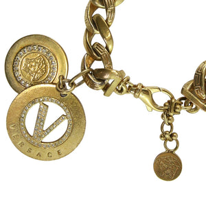 Versace Signed Gold Tone Chunky Chain Link Bracelet & Crystal encrusted Medusa charm pendant c.1980s