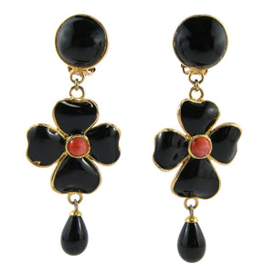 Statement Pate-de-verre (hand-poured-glass) delicate black flower drop (clip-on) earrings