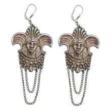 Load image into Gallery viewer, French Vintage Silver Tone Egyptian Revival Figural Pharaoh Drop Earrings c. 1930 (Pierced)